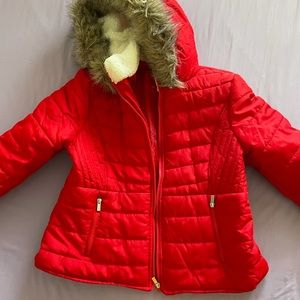 Red puffer jacket